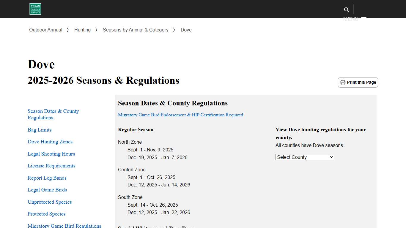 Dove — Texas Parks & Wildlife Department